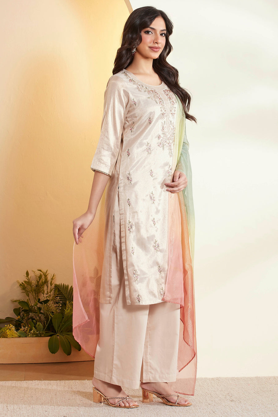 Off-White Cotton Embroidered Straight Kurta Set KS60
