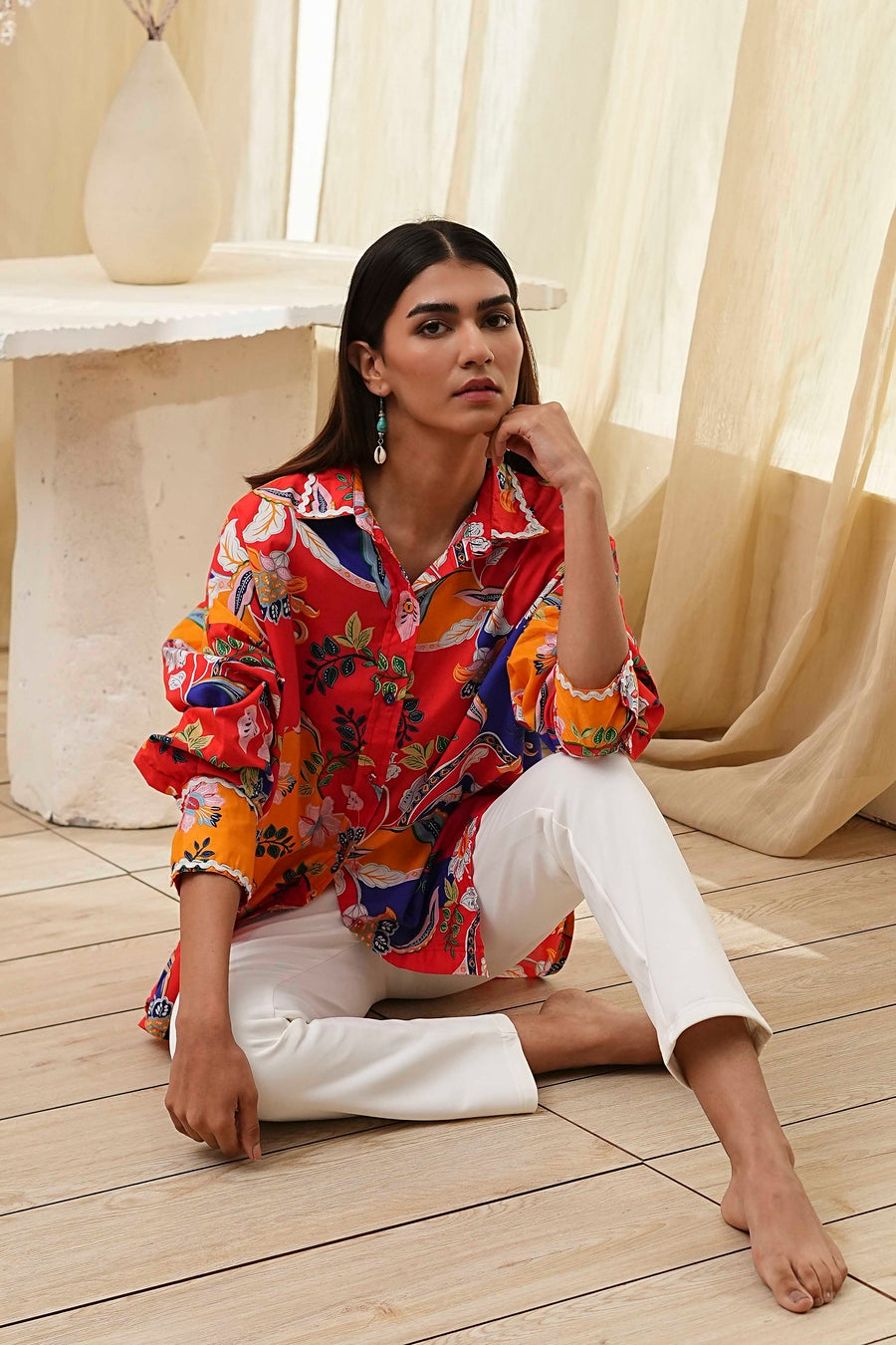 Orange Cotton Floral High-Low Shirt K60