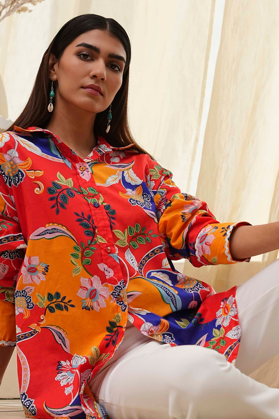 Orange Cotton Floral High-Low Shirt K60