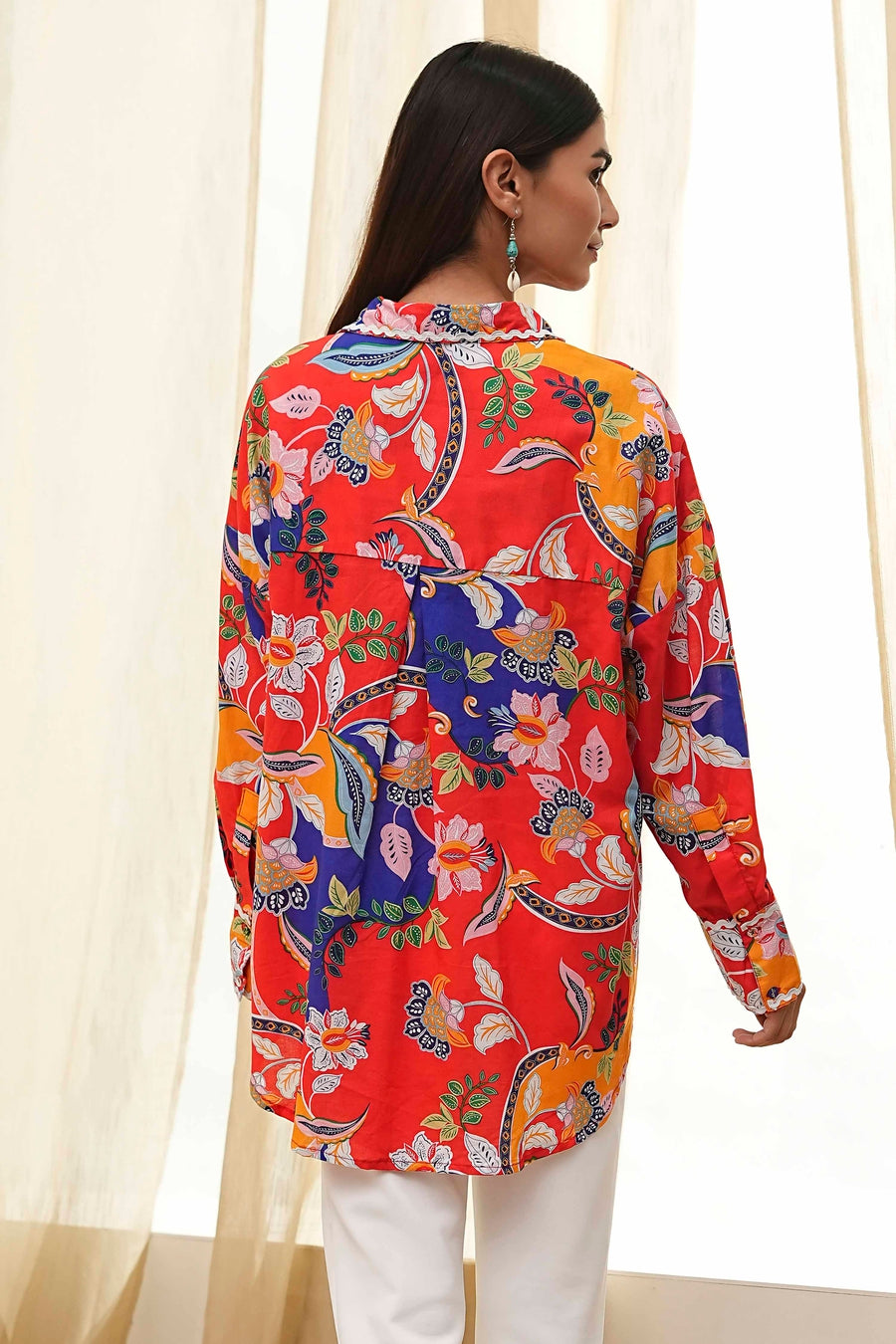 Orange Cotton Floral High-Low Shirt K60