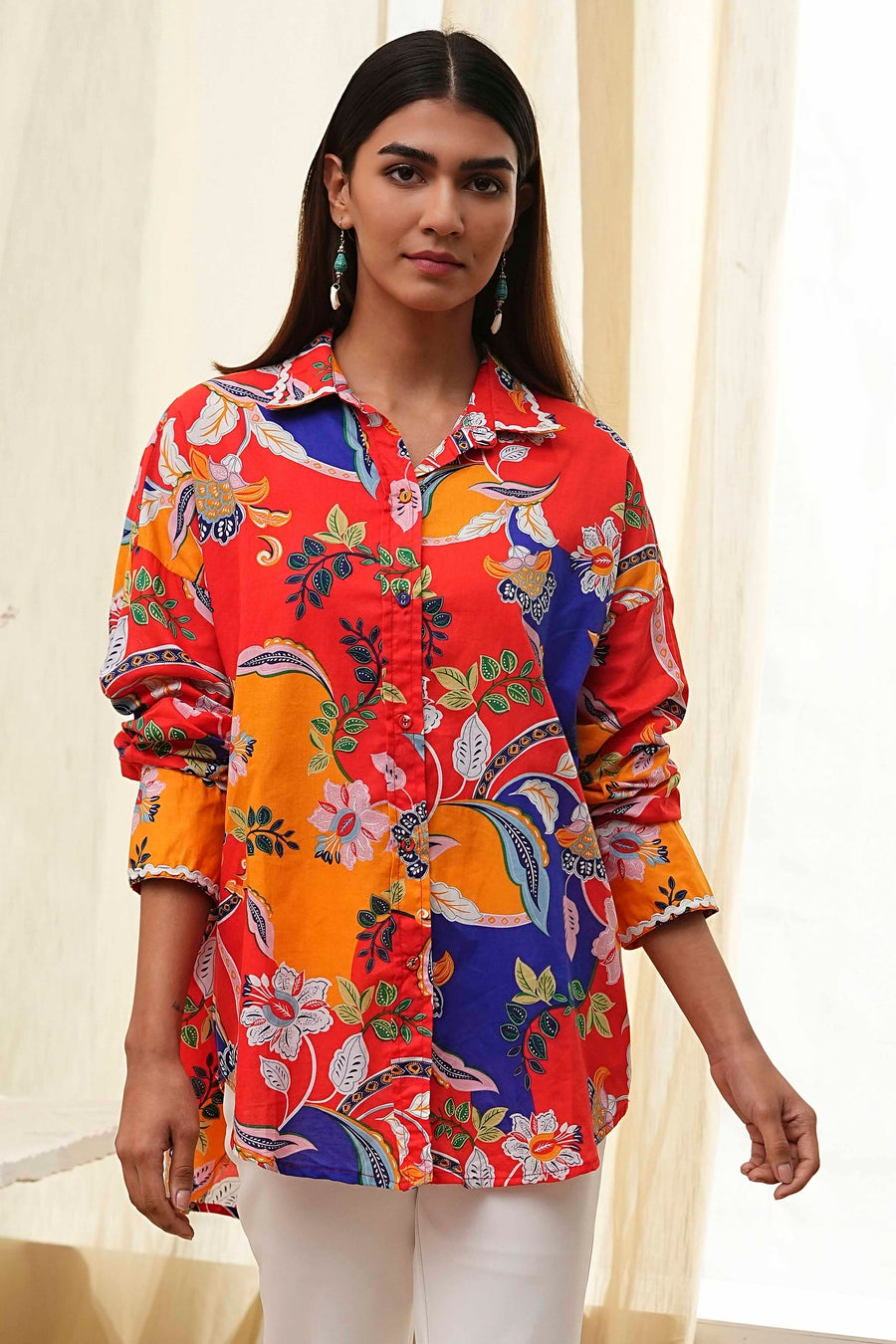 Orange Cotton Floral High-Low Shirt K60
