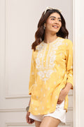 Yellow Cotton Yoke Design Short Kurti K60