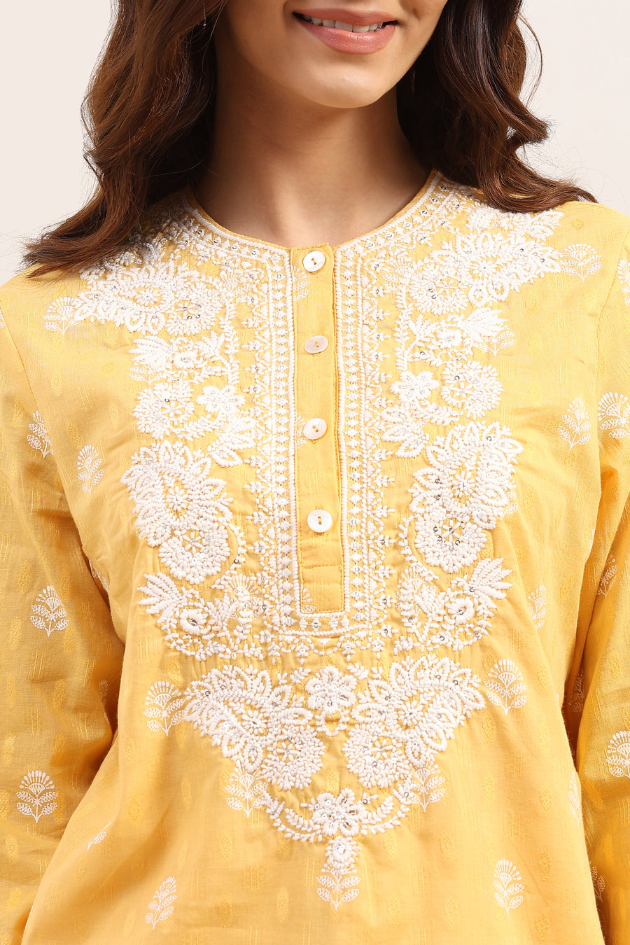 Yellow Cotton Yoke Design Short Kurti K60