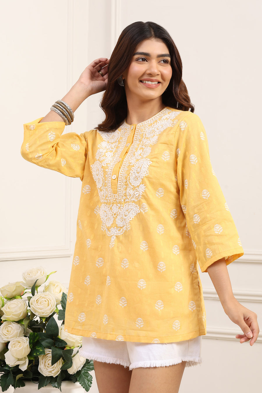 Yellow Cotton Yoke Design Short Kurti K60