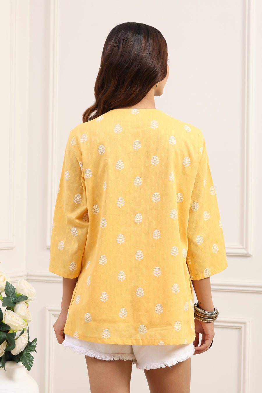 Yellow Cotton Yoke Design Short Kurti K60