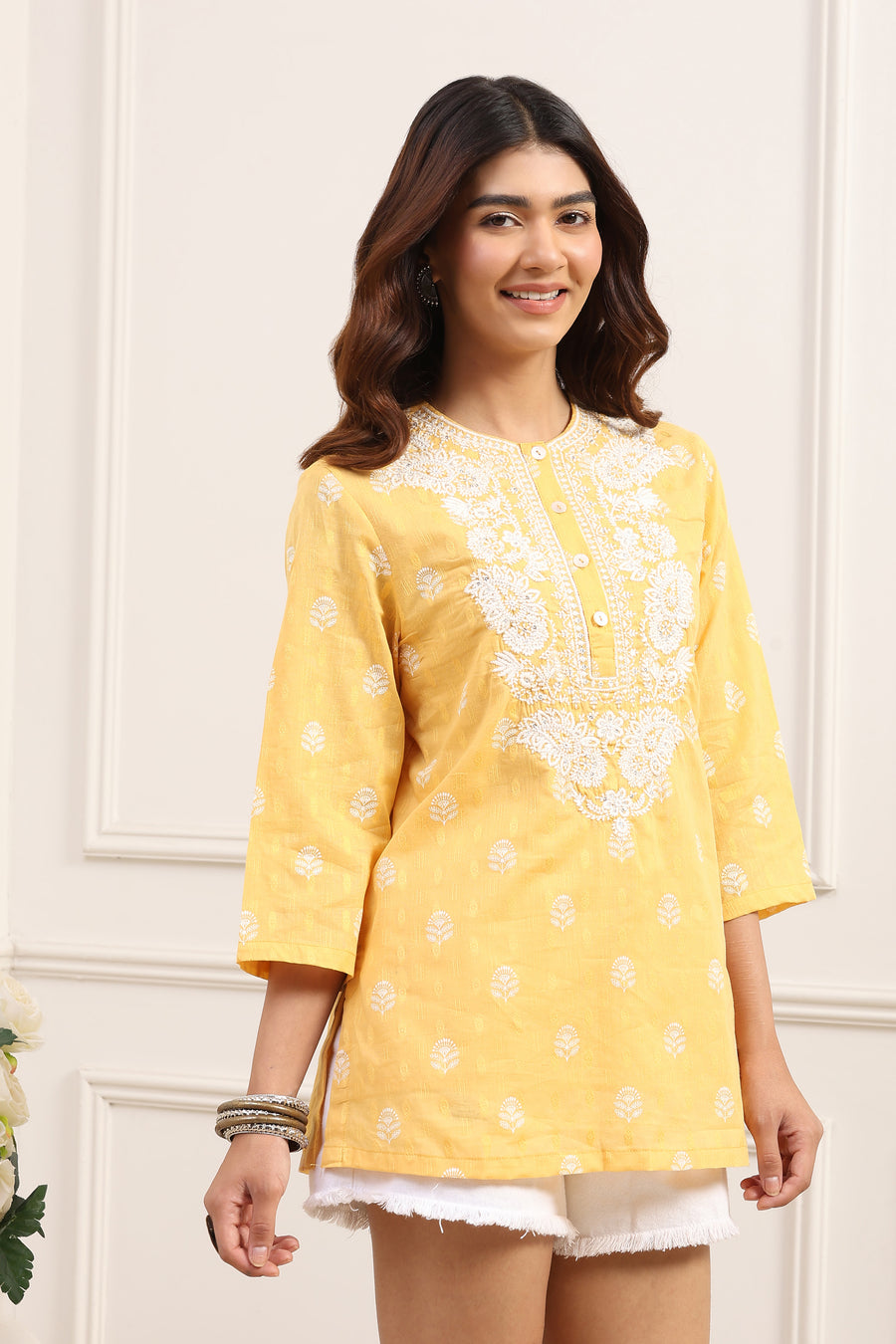 Yellow Cotton Yoke Design Short Kurti K60
