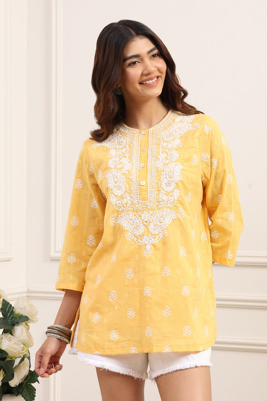Yellow Cotton Yoke Design Short Kurti K60