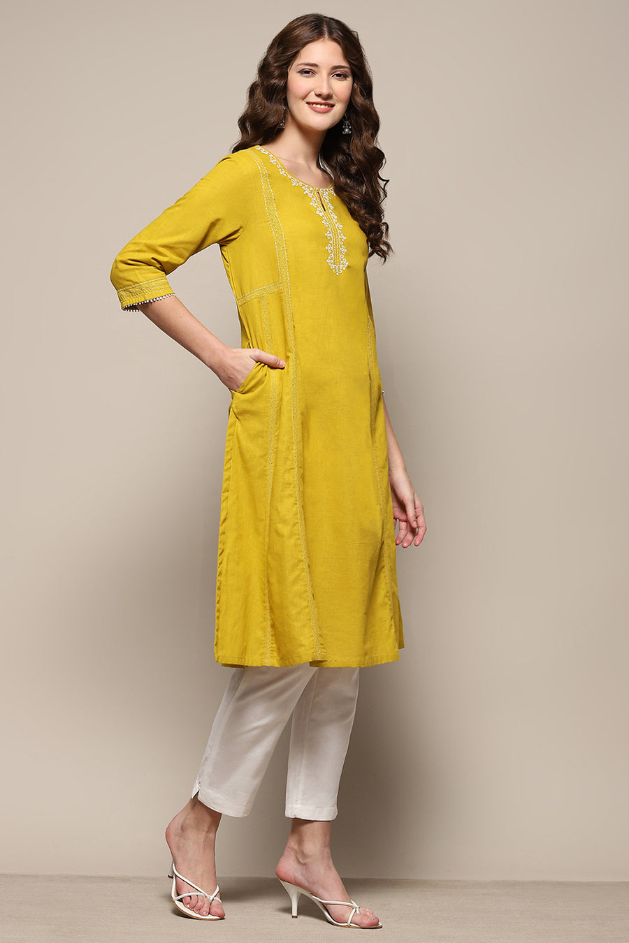 Lime Yellow Cotton Straight Kurta K60