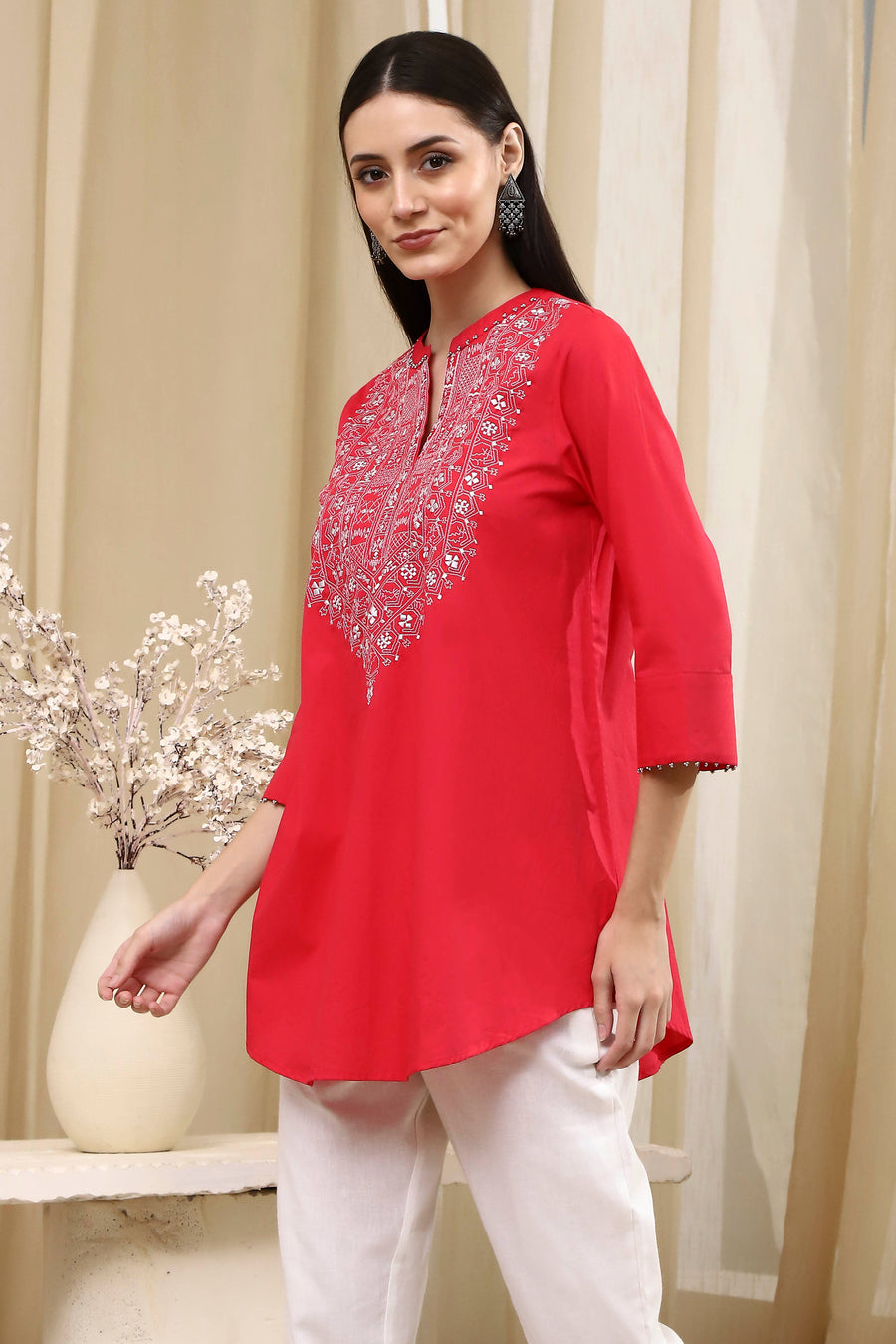 Raspberry Embroidered Straight Short Kurta K60