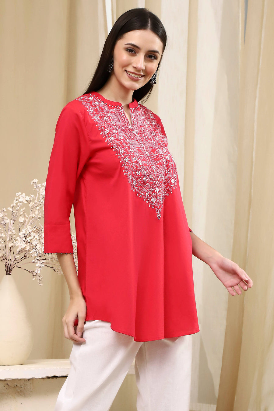 Raspberry Embroidered Straight Short Kurta K60
