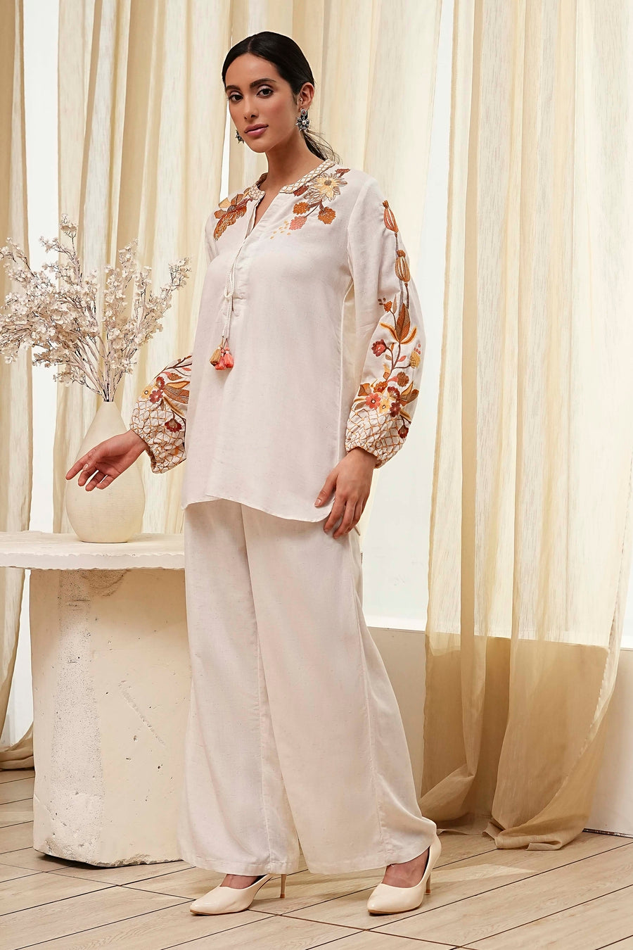 Off-White Embroidered Straight Co-ord Set CO87