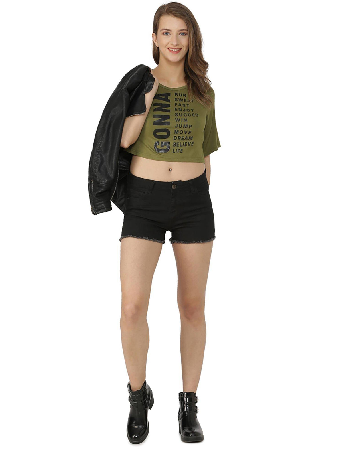 Green Printed Round Neck Casual Crop Top | CT61 - view 5
