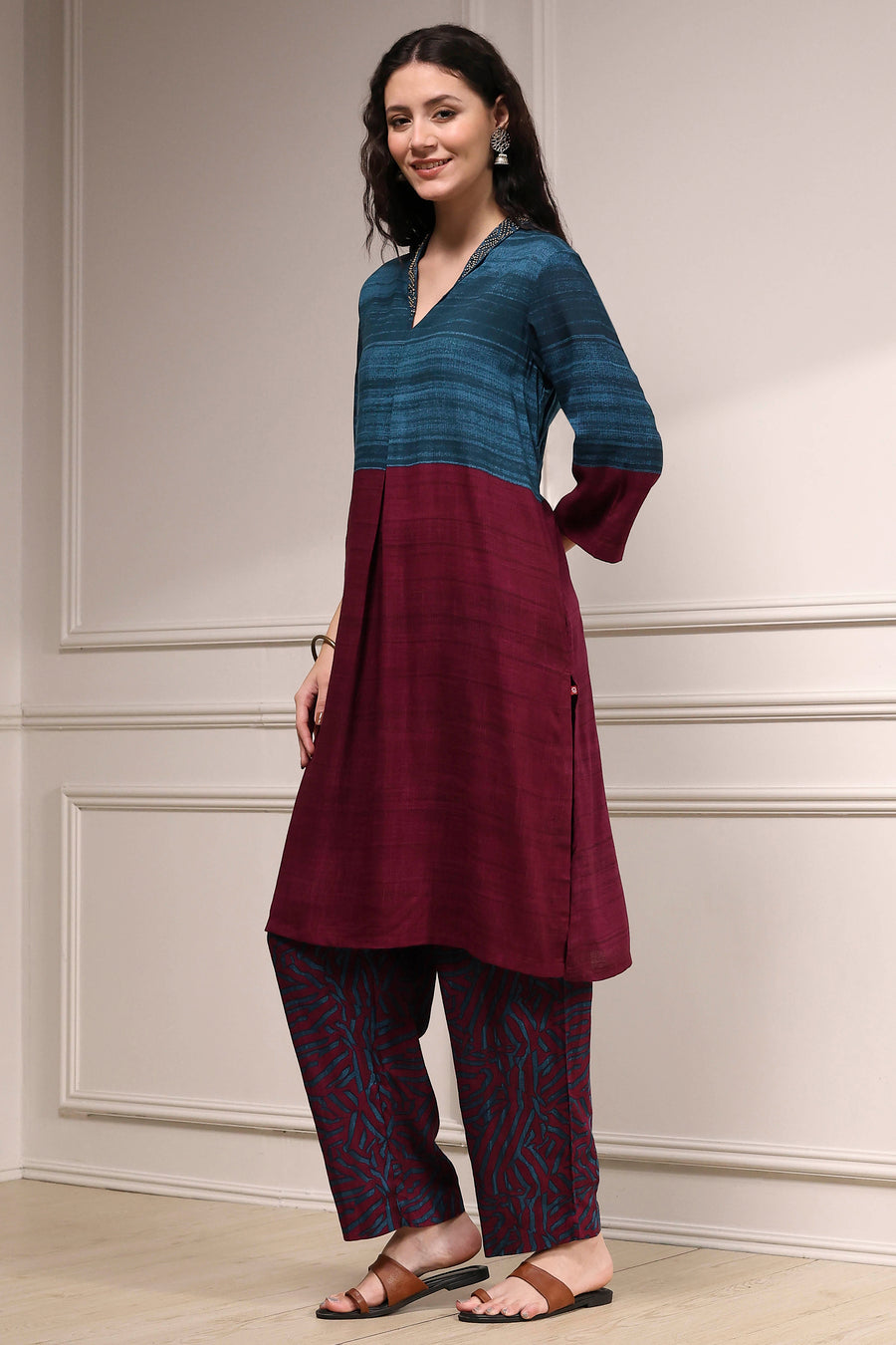 Teal Viscose Rayon Straight Printed Kurta Pants Set CO87