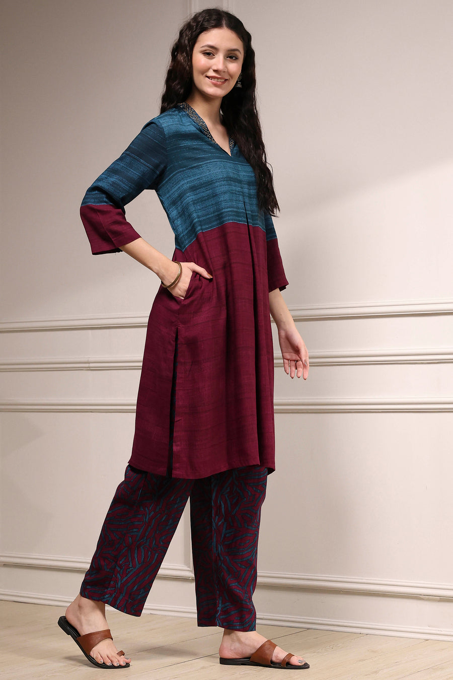 Teal Viscose Rayon Straight Printed Kurta Pants Set CO87