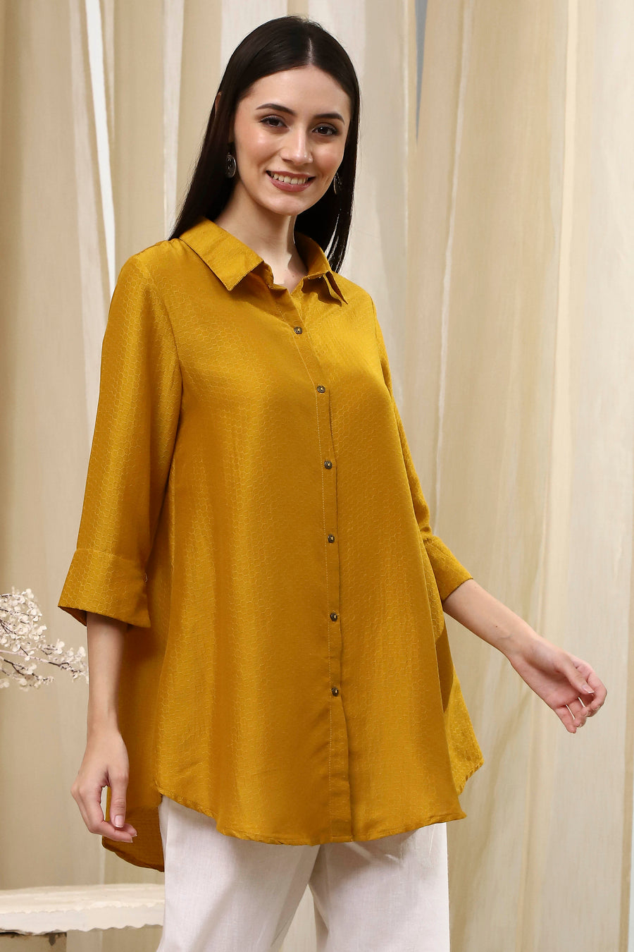 Ochre Yellow Dyed High-Low Shirt K60