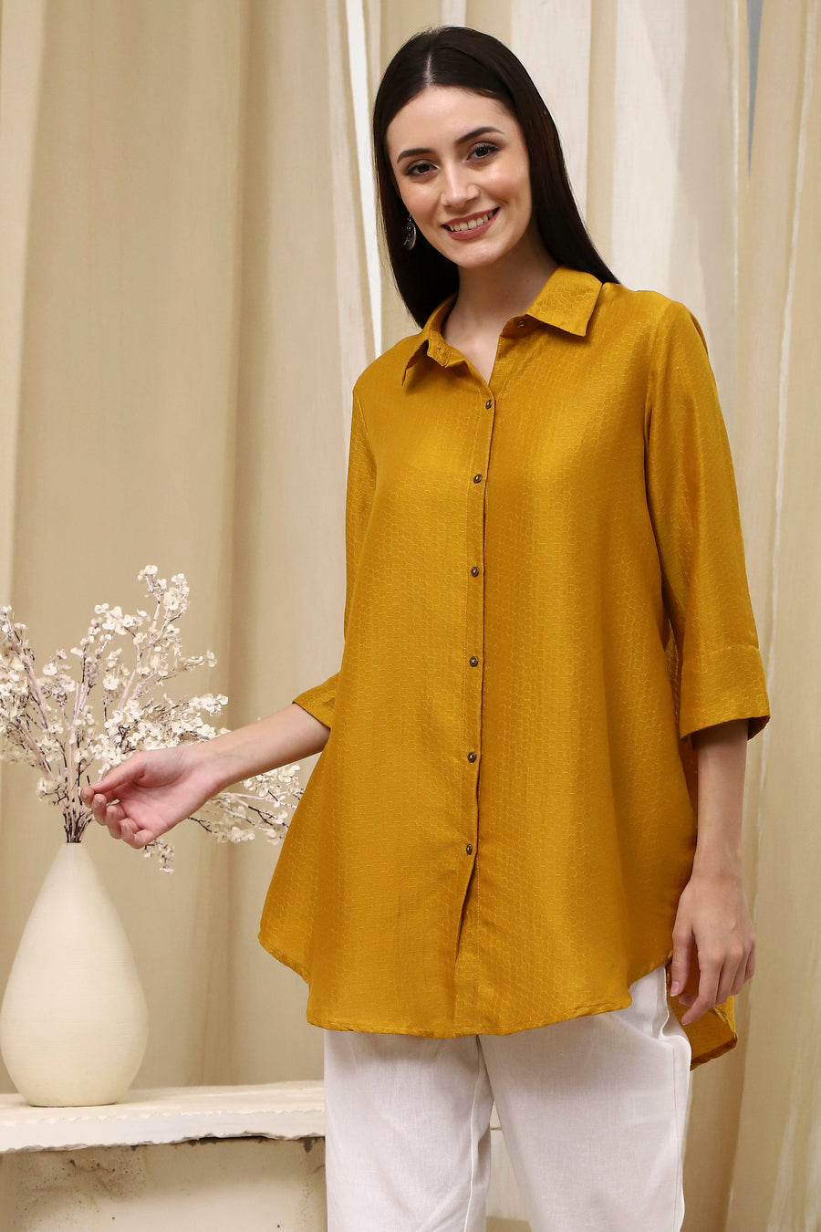 Ochre Yellow Dyed High-Low Shirt K60