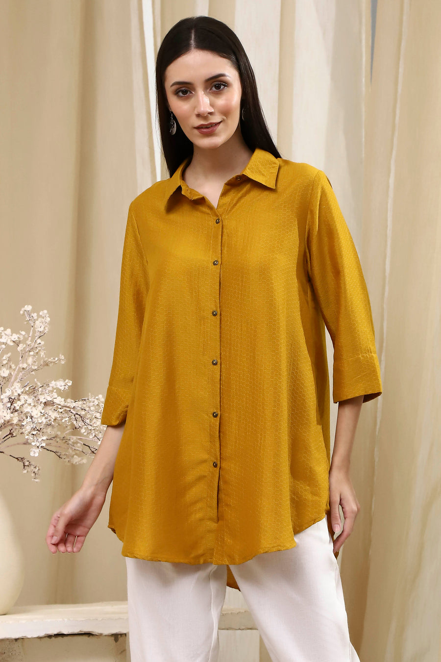 Ochre Yellow Dyed High-Low Shirt K60