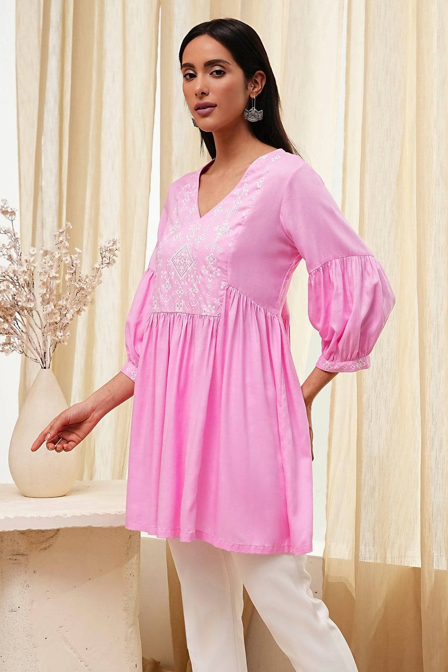 Pink Solid Flared Short Kurta K60