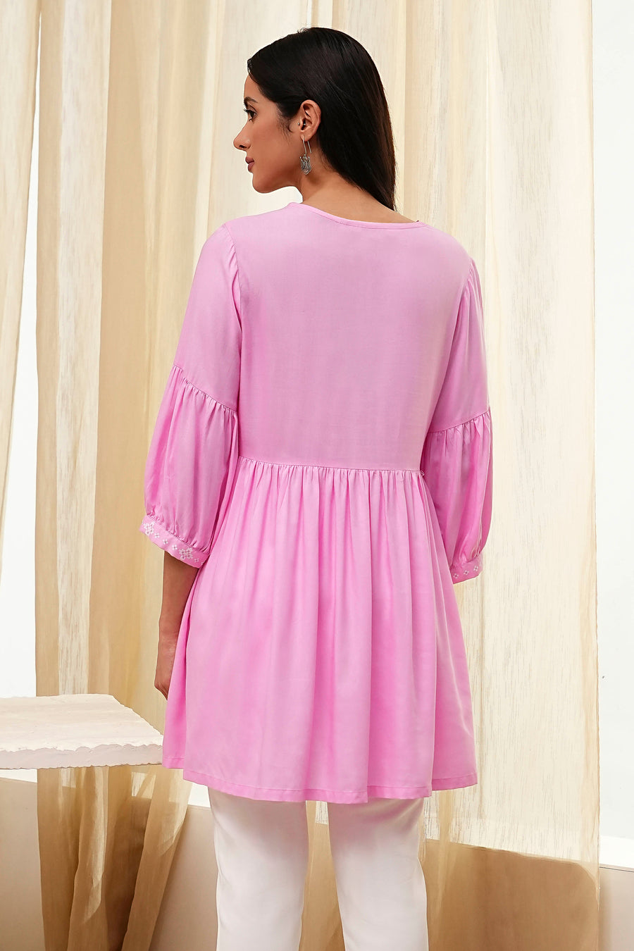Pink Solid Flared Short Kurta K60