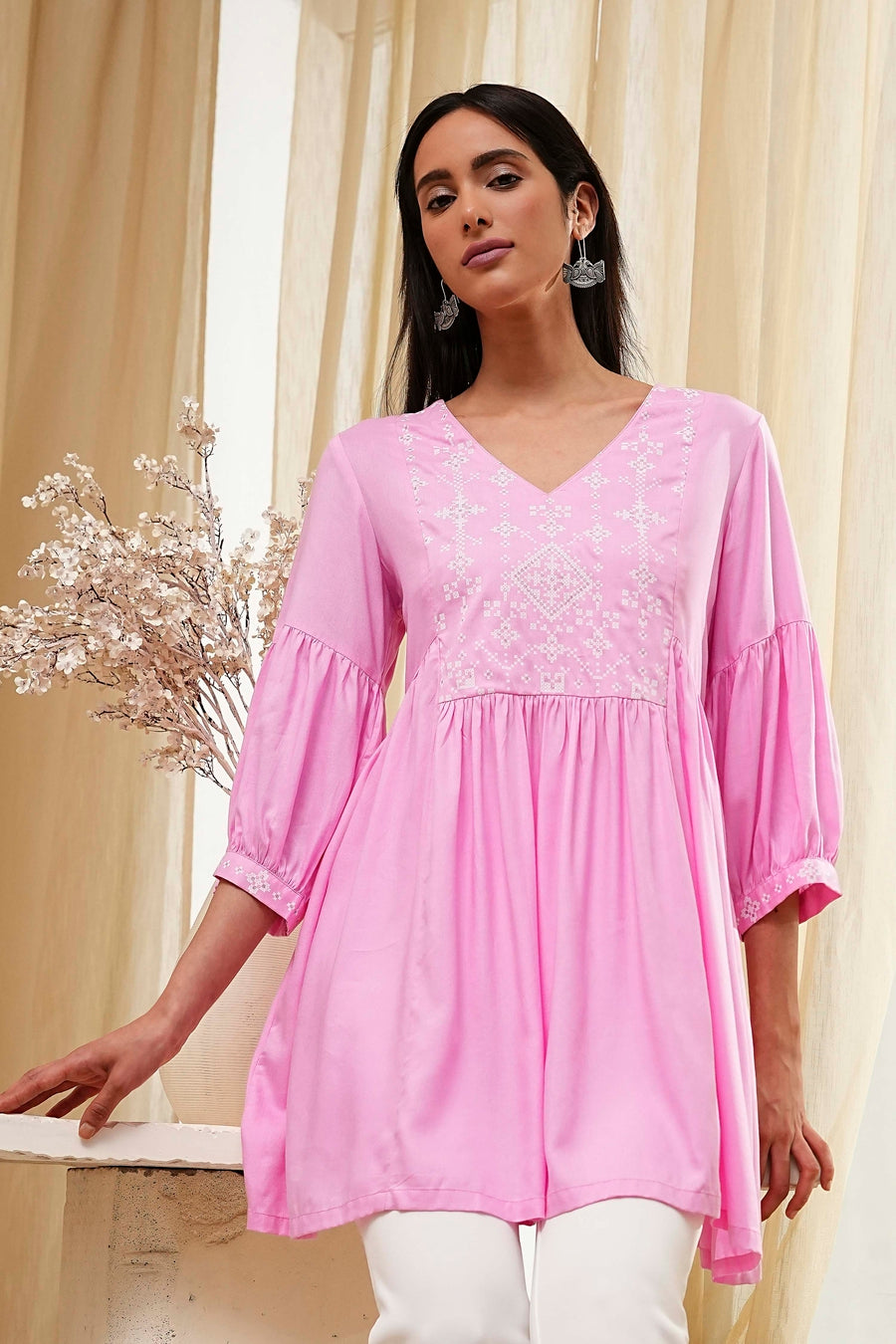 Pink Solid Flared Short Kurta K60