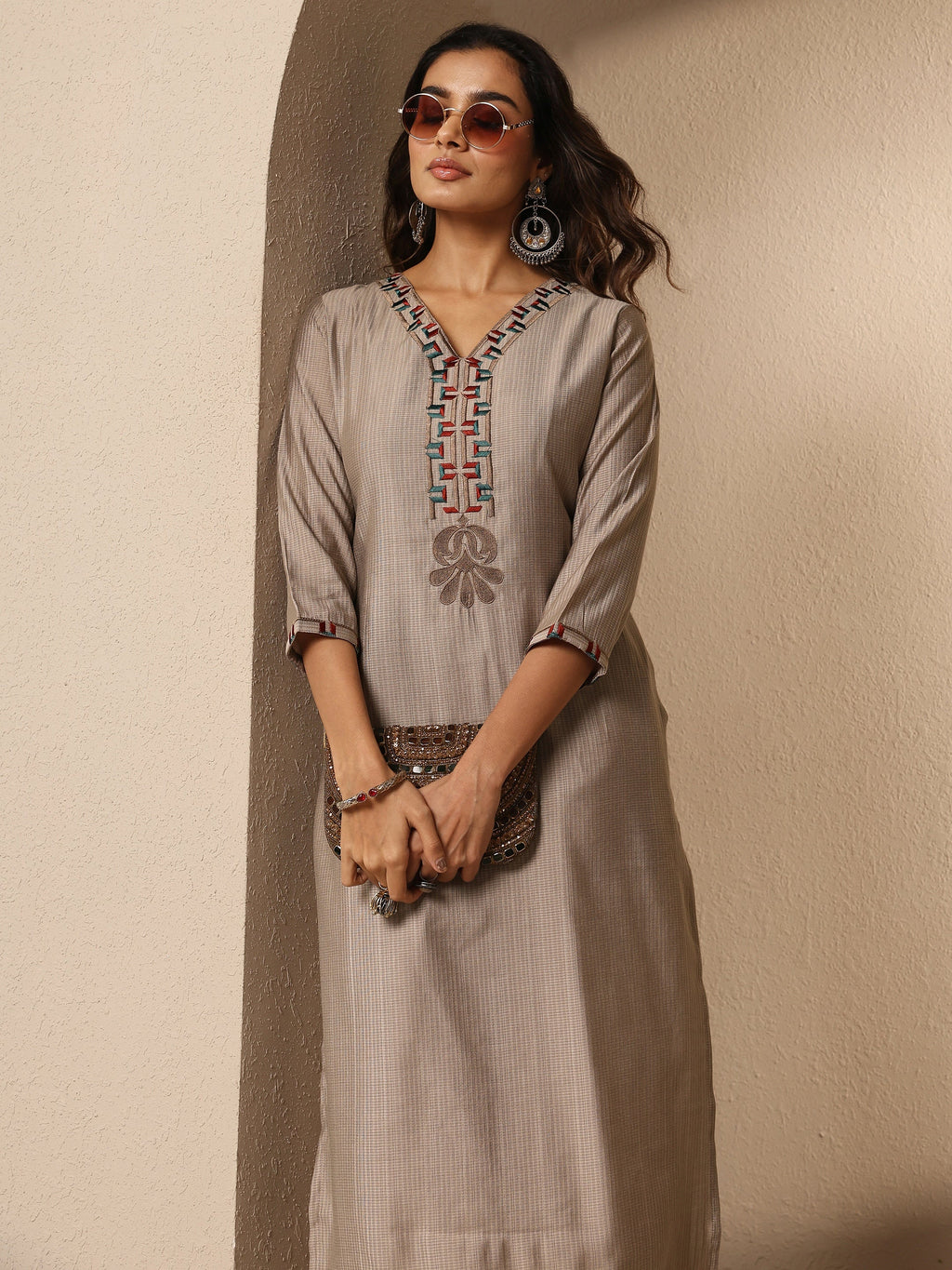 Libas Taupe Embroidered Silk Blend Straight Kurta