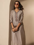 Libas Taupe Embroidered Silk Blend Straight Kurta