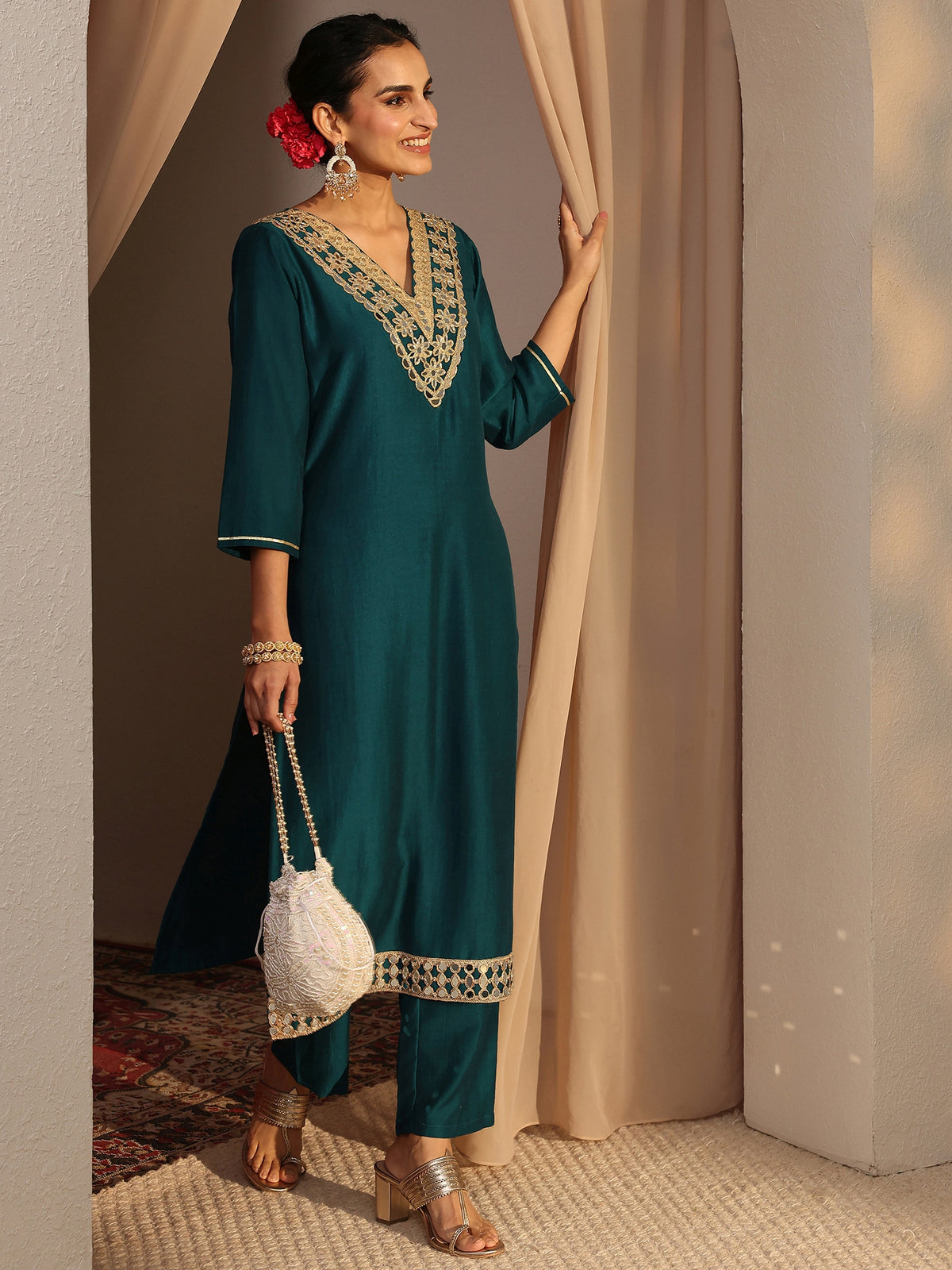 Libas Teal Embroidered Silk Blend Straight Kurta Set