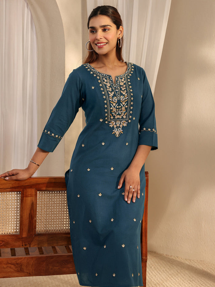 Libas Teal Ethnic Motif Embroidered Cotton Straight Kurta