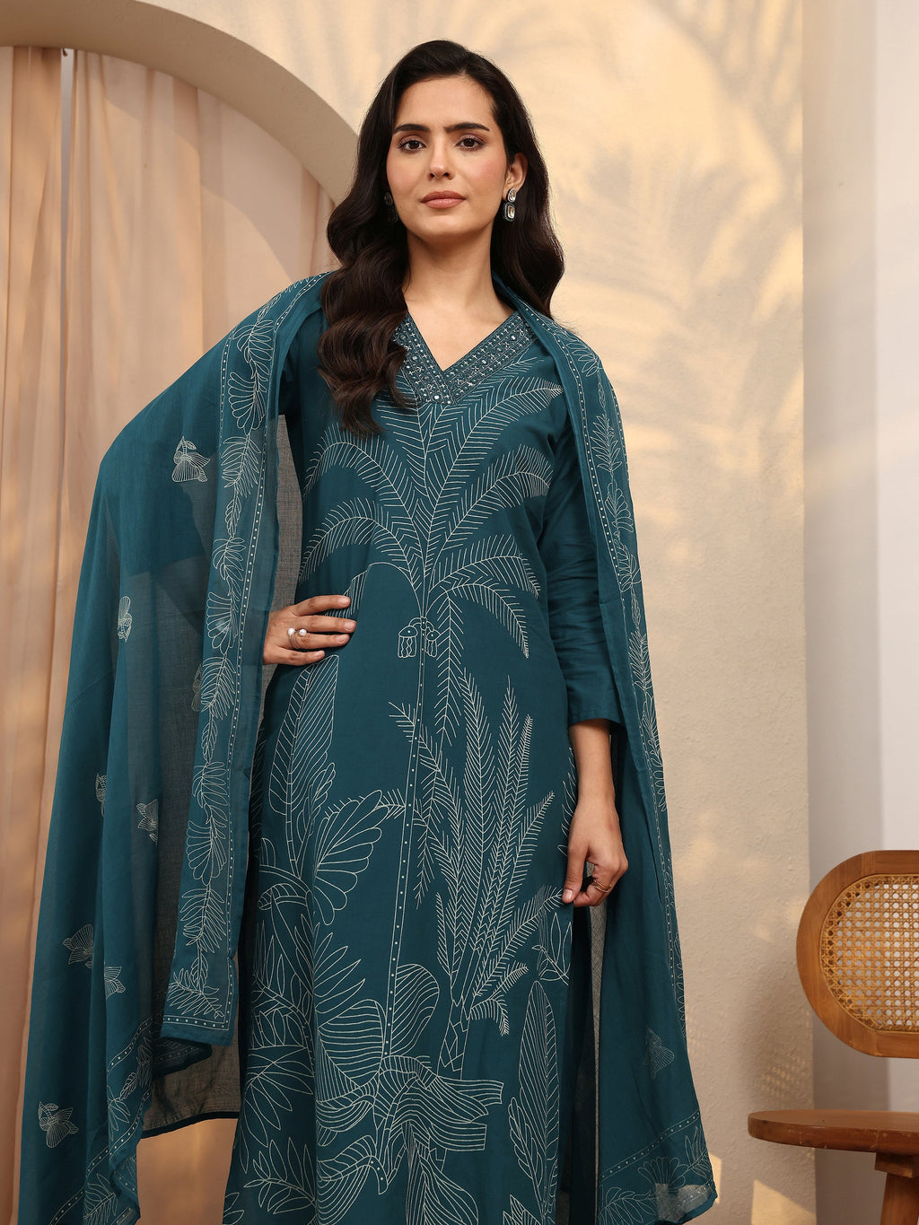 Libas Teal Printed Cotton Straight Suit Set With Dupatta