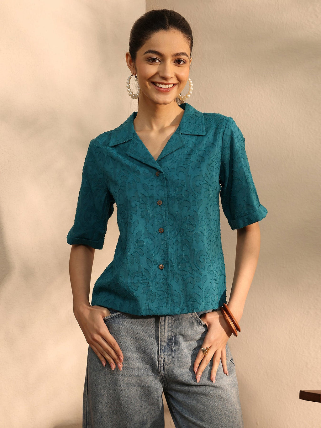 Libas Teal Self Design Cotton Straight Shirt K60