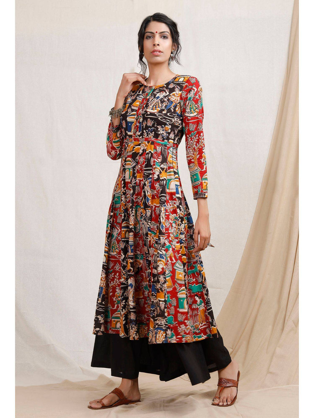 Multicolor Three Print Kalidar Kalamkari Kurta | U3S - view 2