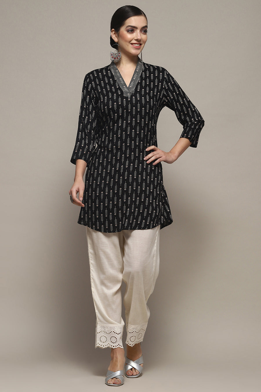 Black Viscose Rayon Printed Short Kurta K60