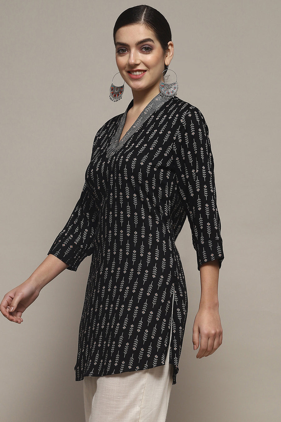 Black Viscose Rayon Printed Short Kurta K60