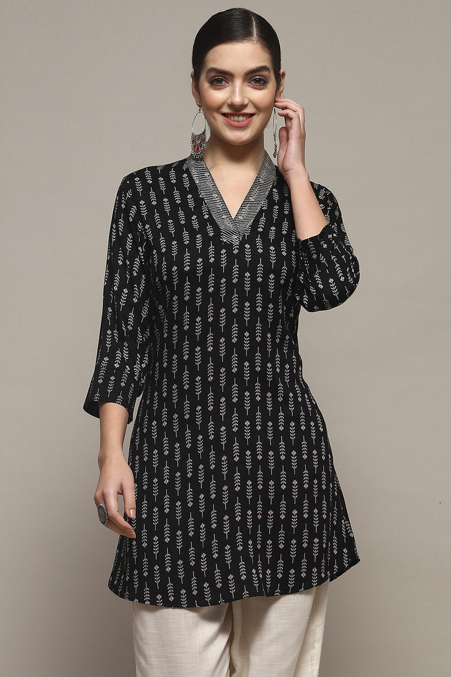 Black Viscose Rayon Printed Short Kurta K60