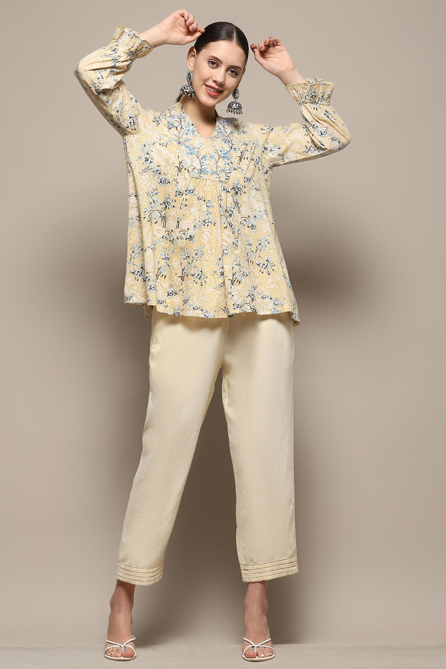 Beige Cotton Floral Printed A-Line Kurti K60