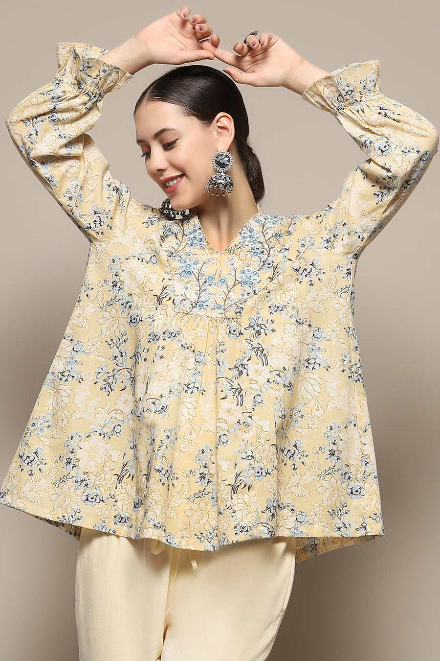Beige Cotton Floral Printed A-Line Kurti K60