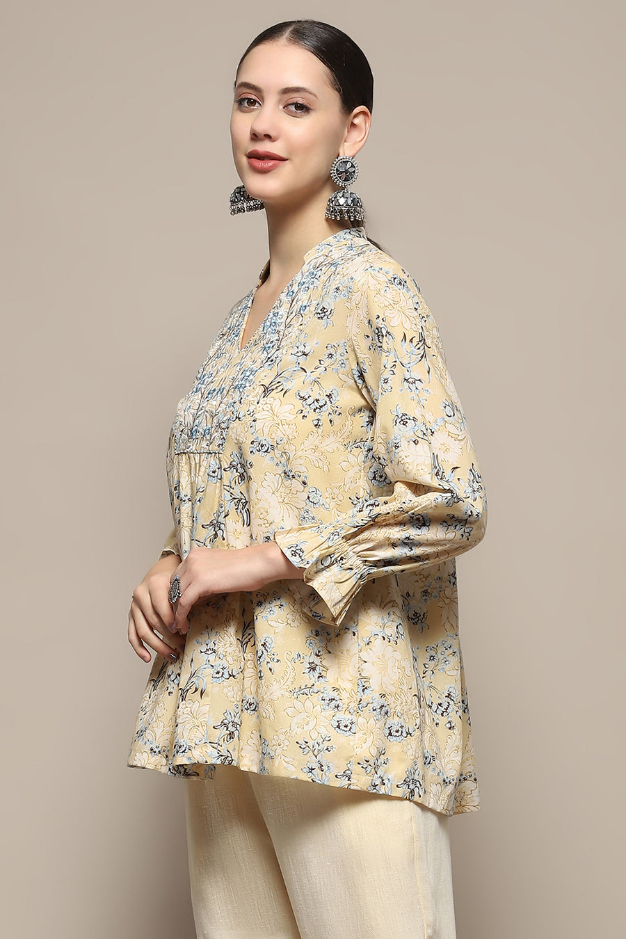 Beige Cotton Floral Printed A-Line Kurti K60