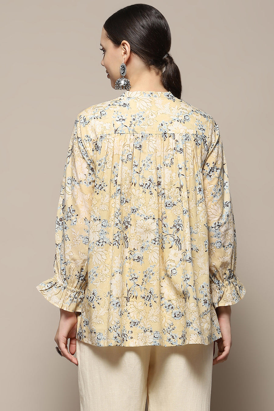 Beige Cotton Floral Printed A-Line Kurti K60