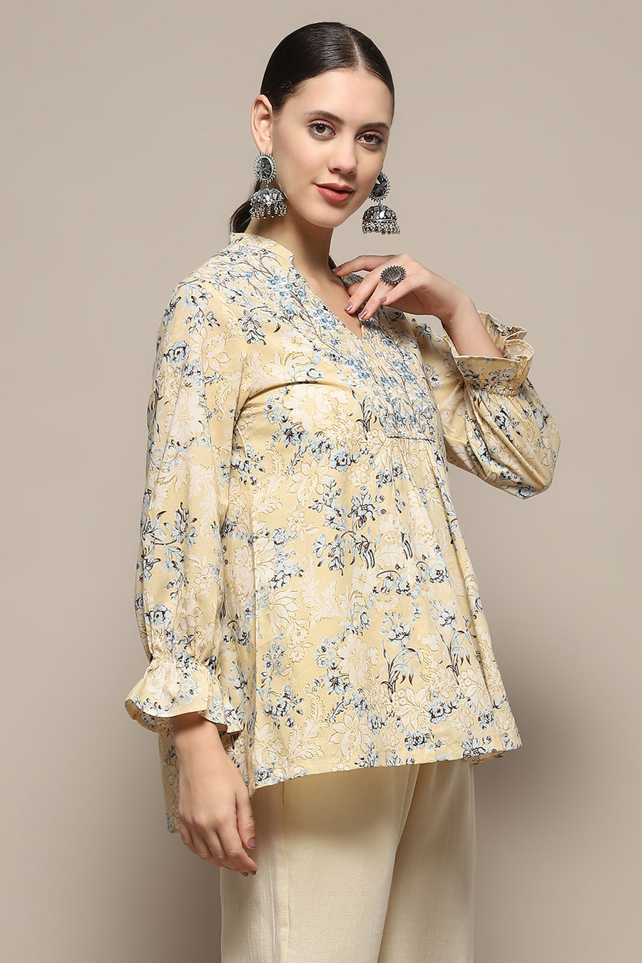Beige Cotton Floral Printed A-Line Kurti K60