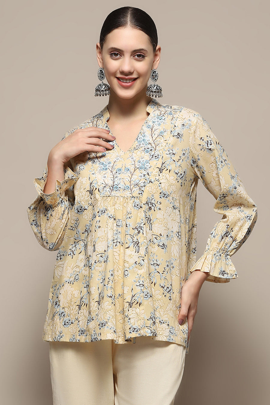 Beige Cotton Floral Printed A-Line Kurti K60