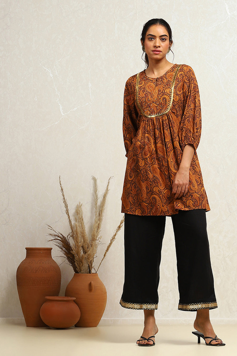 Mustard Yellow Cotton Paisley Printed A-line Kurti K60