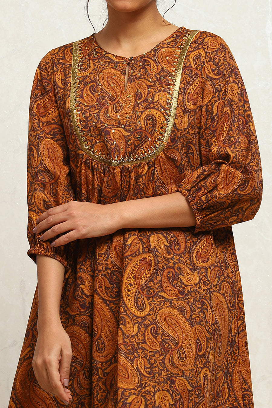 Mustard Yellow Cotton Paisley Printed A-line Kurti K60