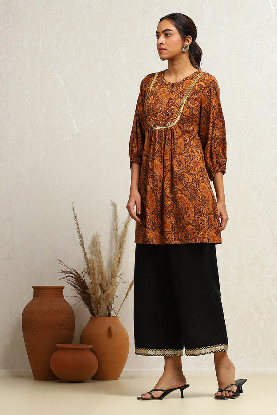 Mustard Yellow Cotton Paisley Printed A-line Kurti K60