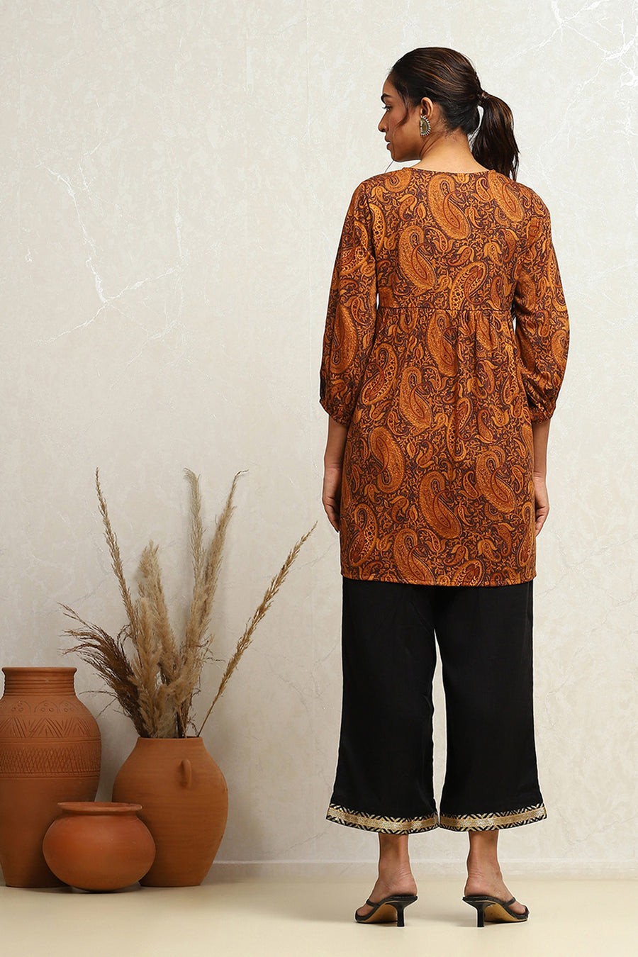 Mustard Yellow Cotton Paisley Printed A-line Kurti K60