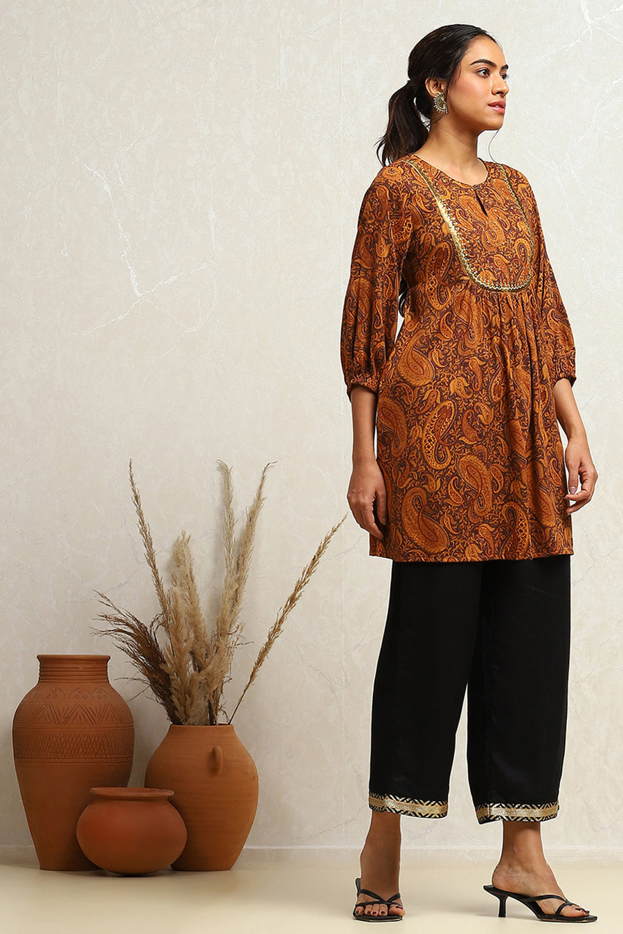 Mustard Yellow Cotton Paisley Printed A-line Kurti K60