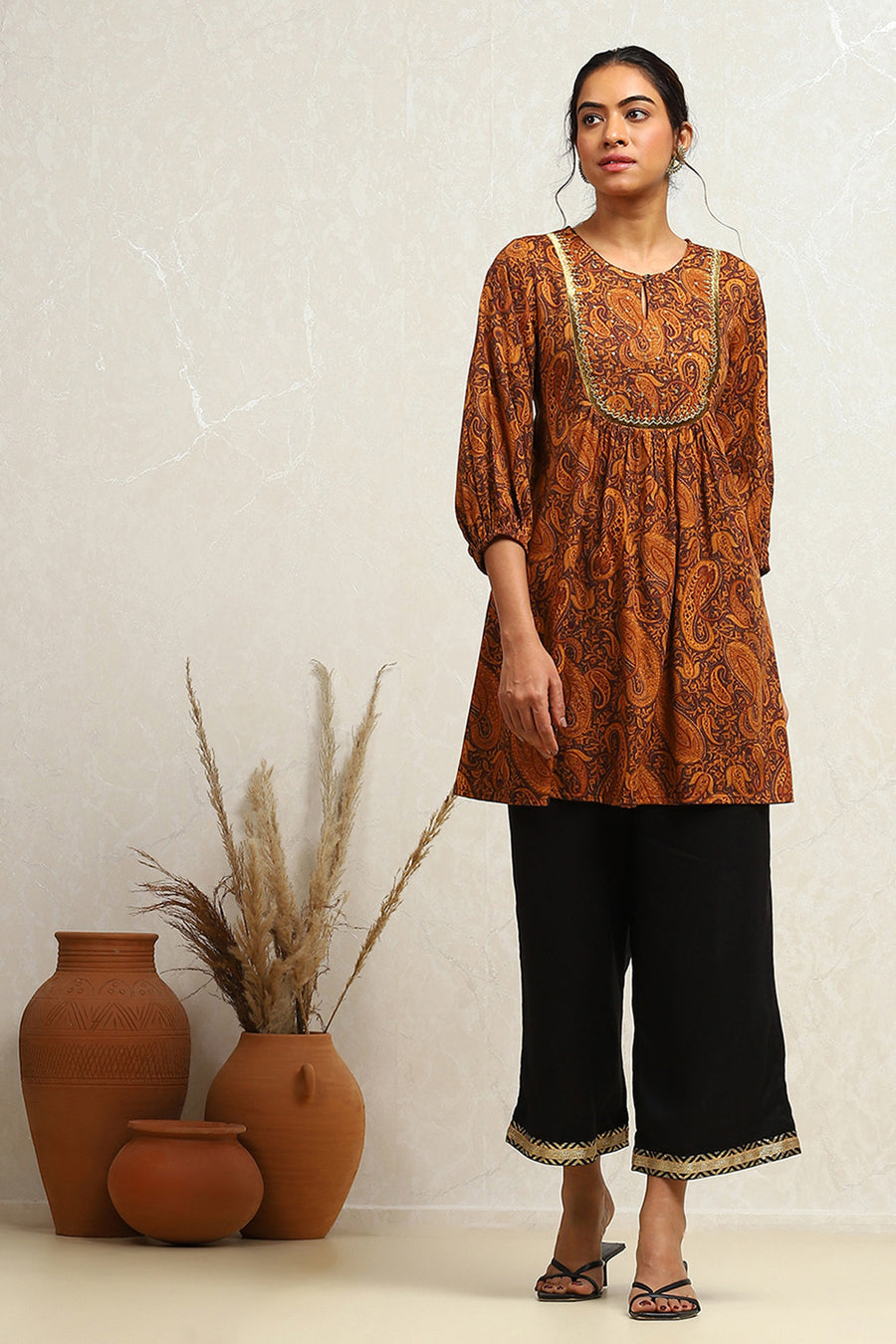Mustard Yellow Cotton Paisley Printed A-line Kurti K60