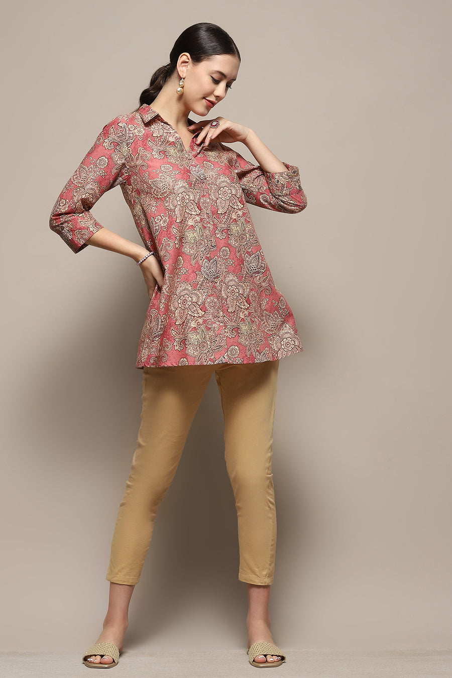 Rust Cotton Floral Printed A-Line Shirt Style Kurti K60