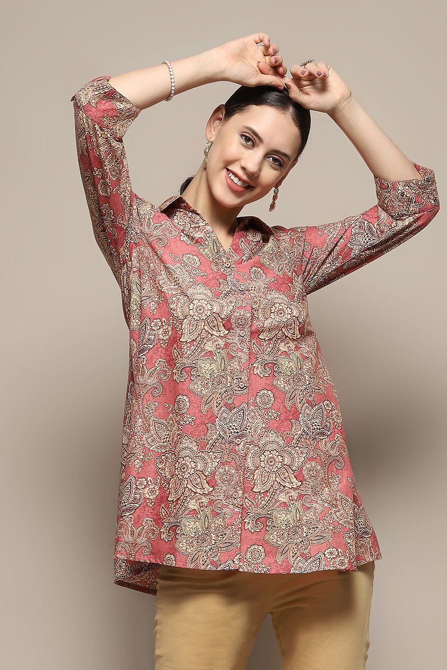 Rust Cotton Floral Printed A-Line Shirt Style Kurti K60