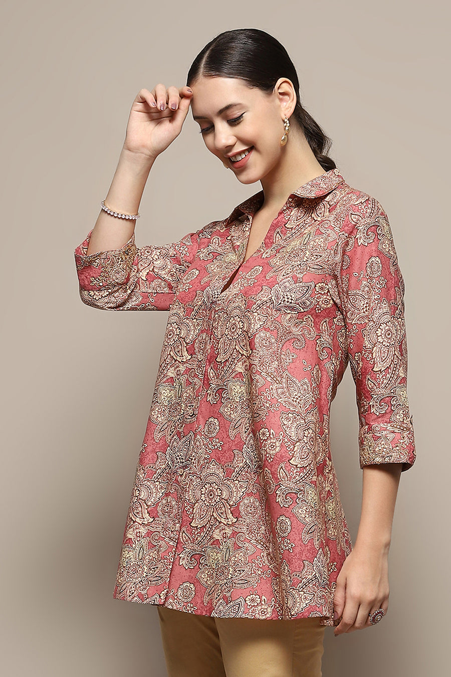 Rust Cotton Floral Printed A-Line Shirt Style Kurti K60