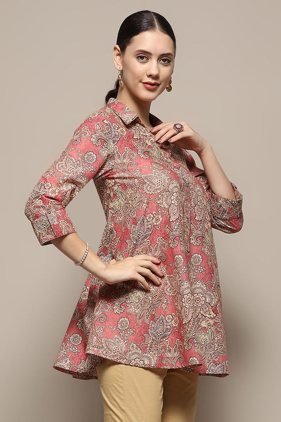 Rust Cotton Floral Printed A-Line Shirt Style Kurti K60
